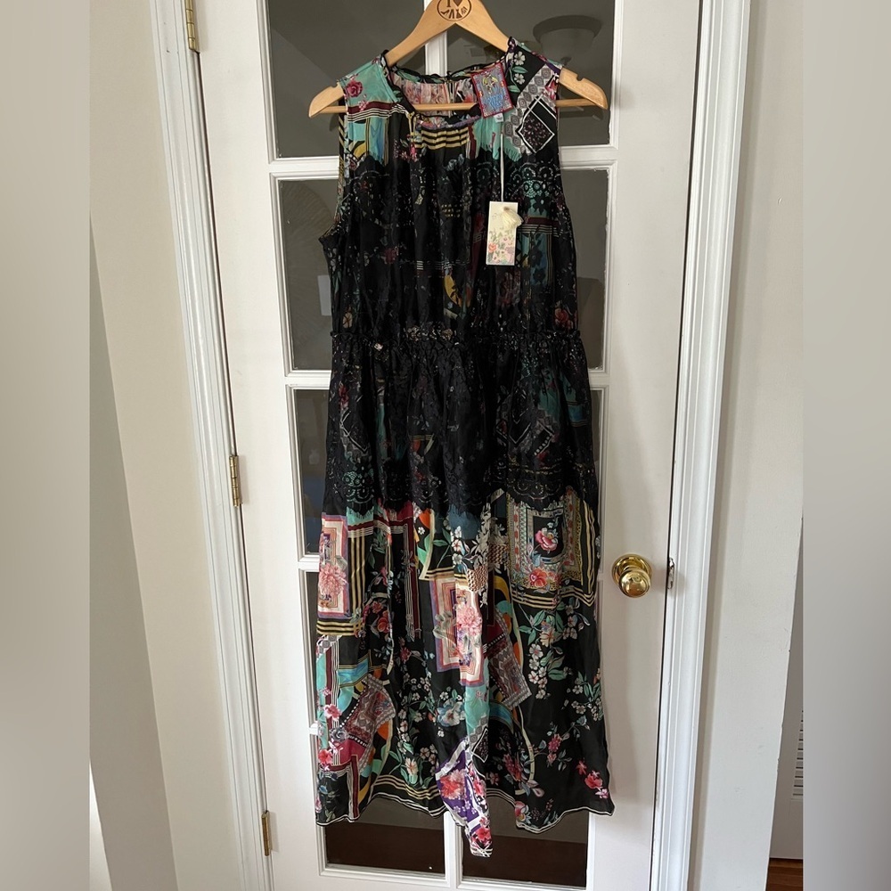 Johnny Was Black Multicolor Floral Patchwork Midi Dress